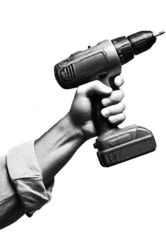 A stippled fist holding a cordless drill.