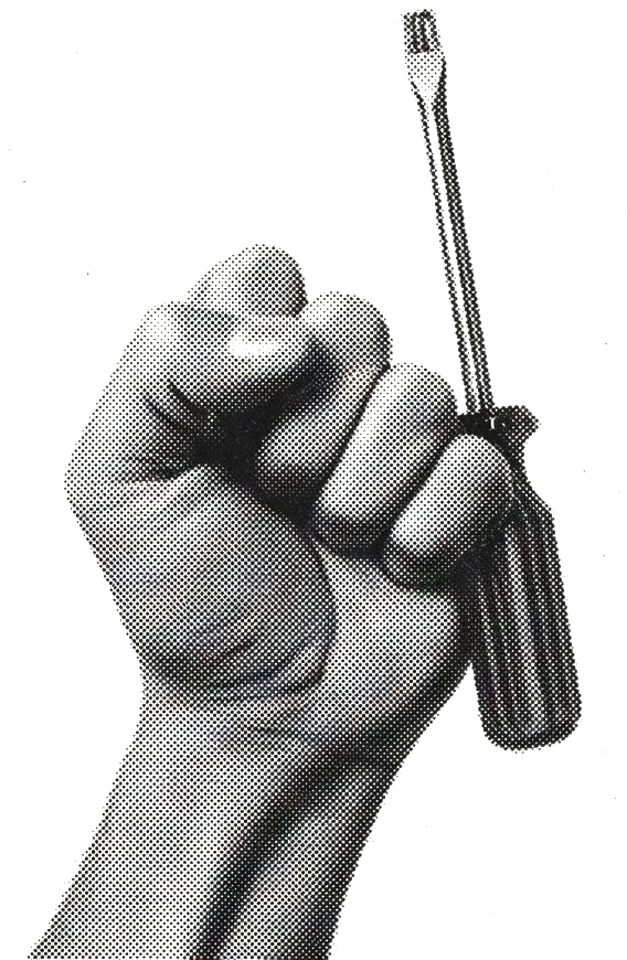 A stippled fist holding a screwdriver.