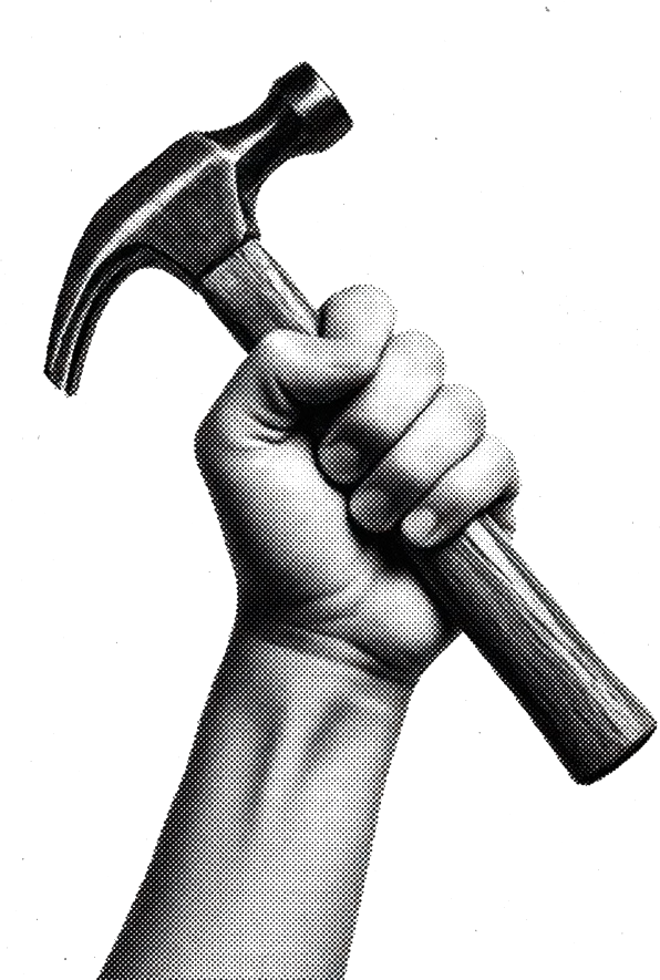 A stippled fist holding a hammer.