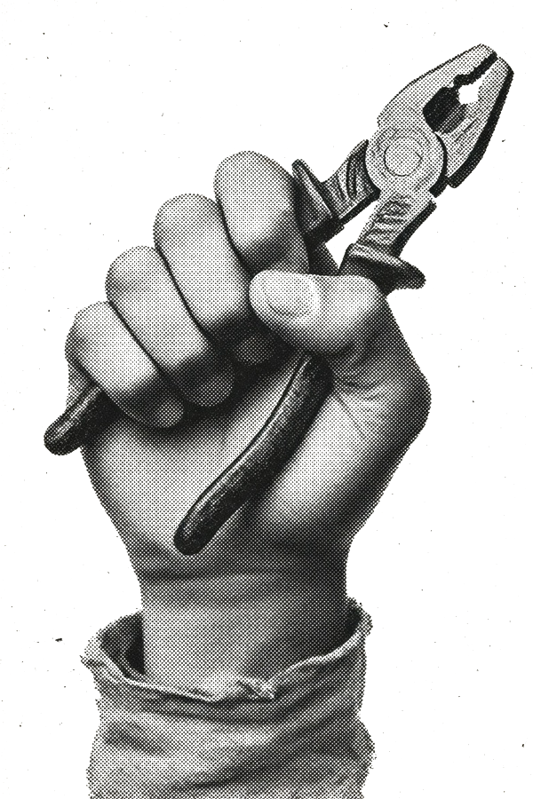 A stippled fist holding pliers.