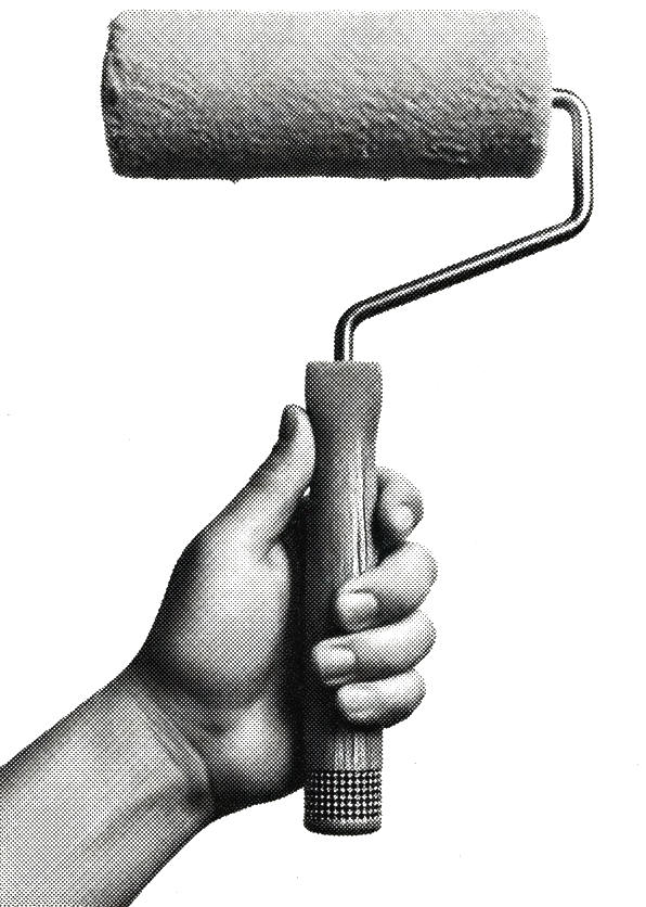 A stippled hand holding a paint roller.