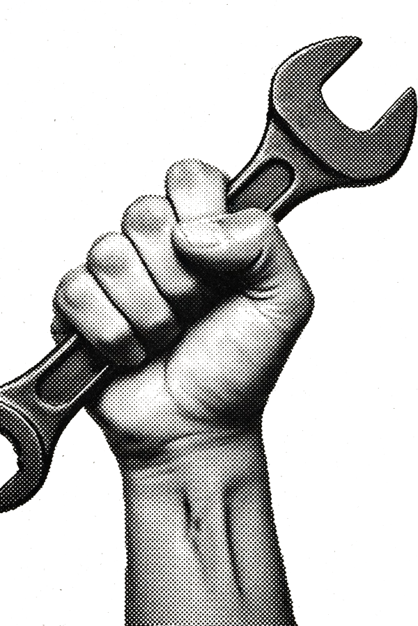 A stippled fist holding a wrench.