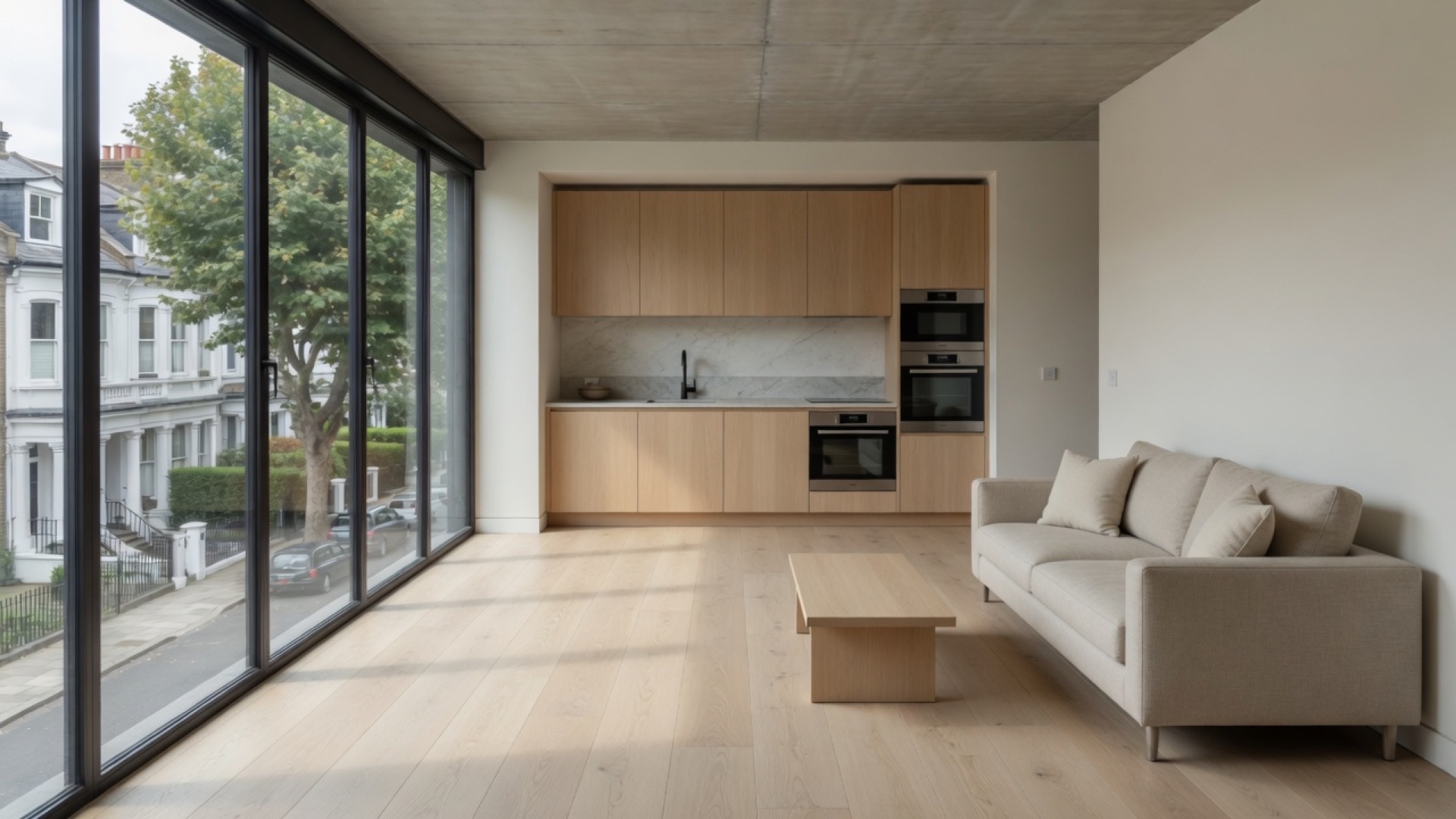 The finished open-plan lounge and kitchen, with oak cabinets, a linen sofa, and a low oak table.