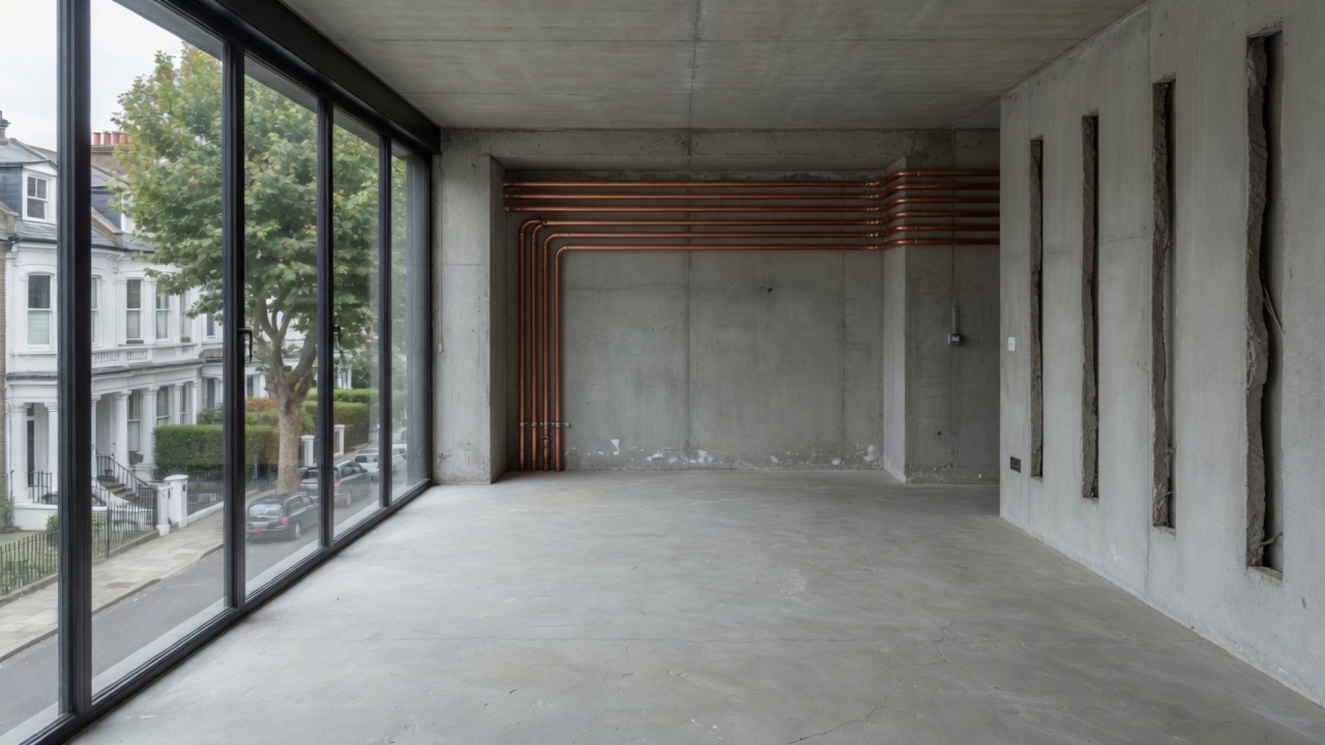 The same concrete room, with copper pipes on the back wall and chases cut into the side wall.
