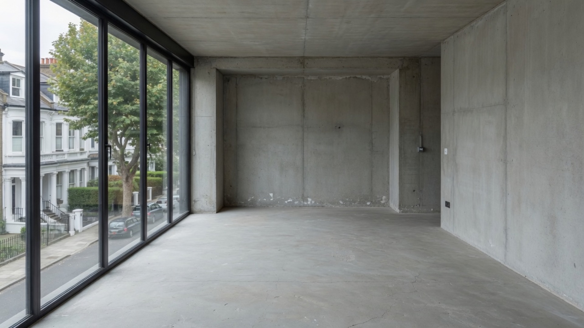 An empty open-plan London lounge and kitchen, with bare concrete walls and a glass wall onto a street of white houses.