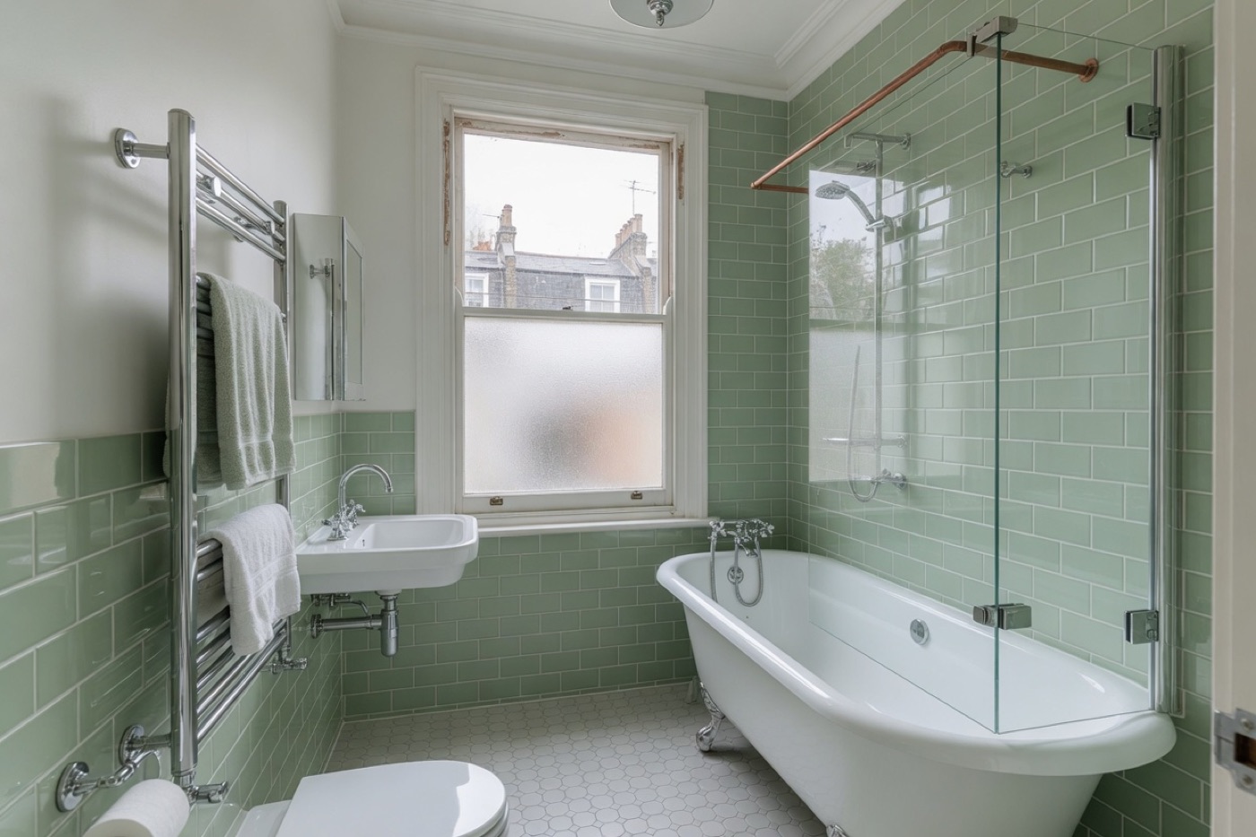 A finished bathroom with a white bath, a glass screen, and pale green tiles.