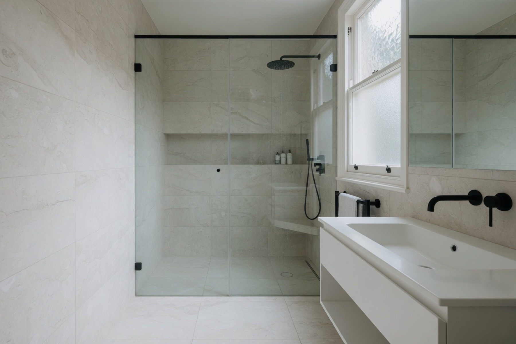 A finished bathroom with pale stone tiles, a glass shower, and a white vanity.