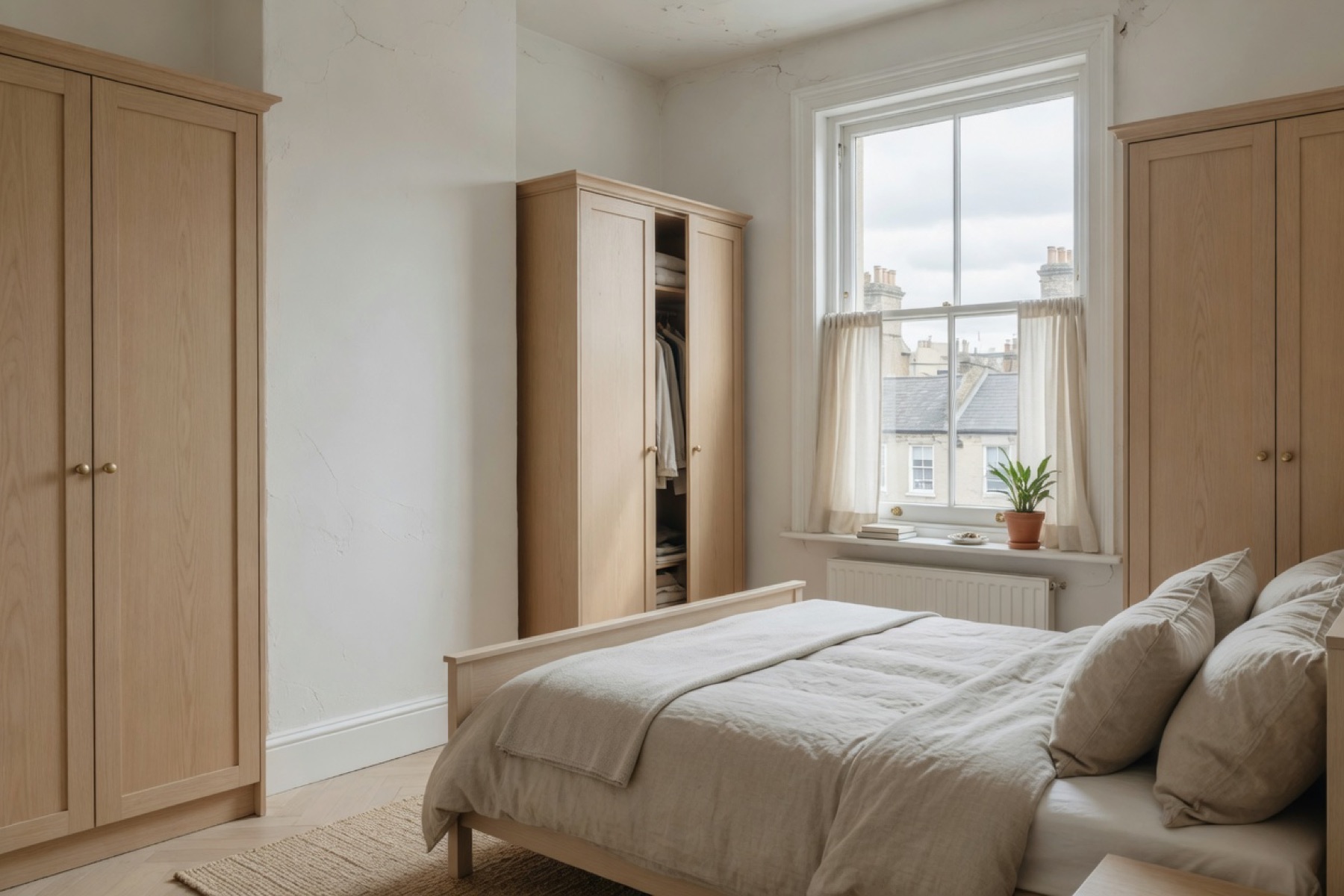 A finished bedroom with pale oak fitted wardrobes and a linen bed.