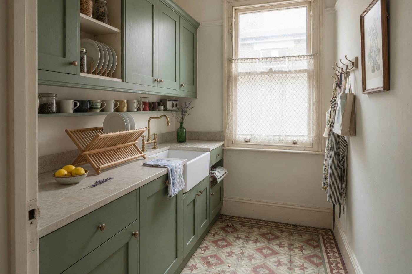 A finished kitchen with sage green cabinets, a white sink, and patterned floor tiles.