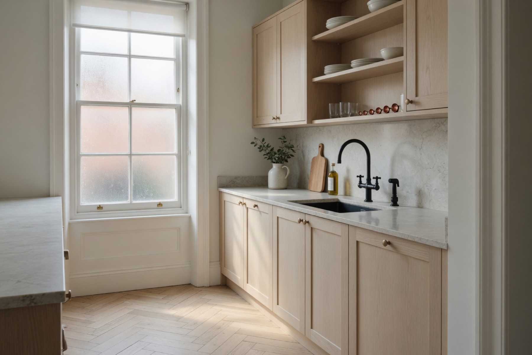 A finished kitchen with pale oak cabinets, a stone worktop, and a sash window.