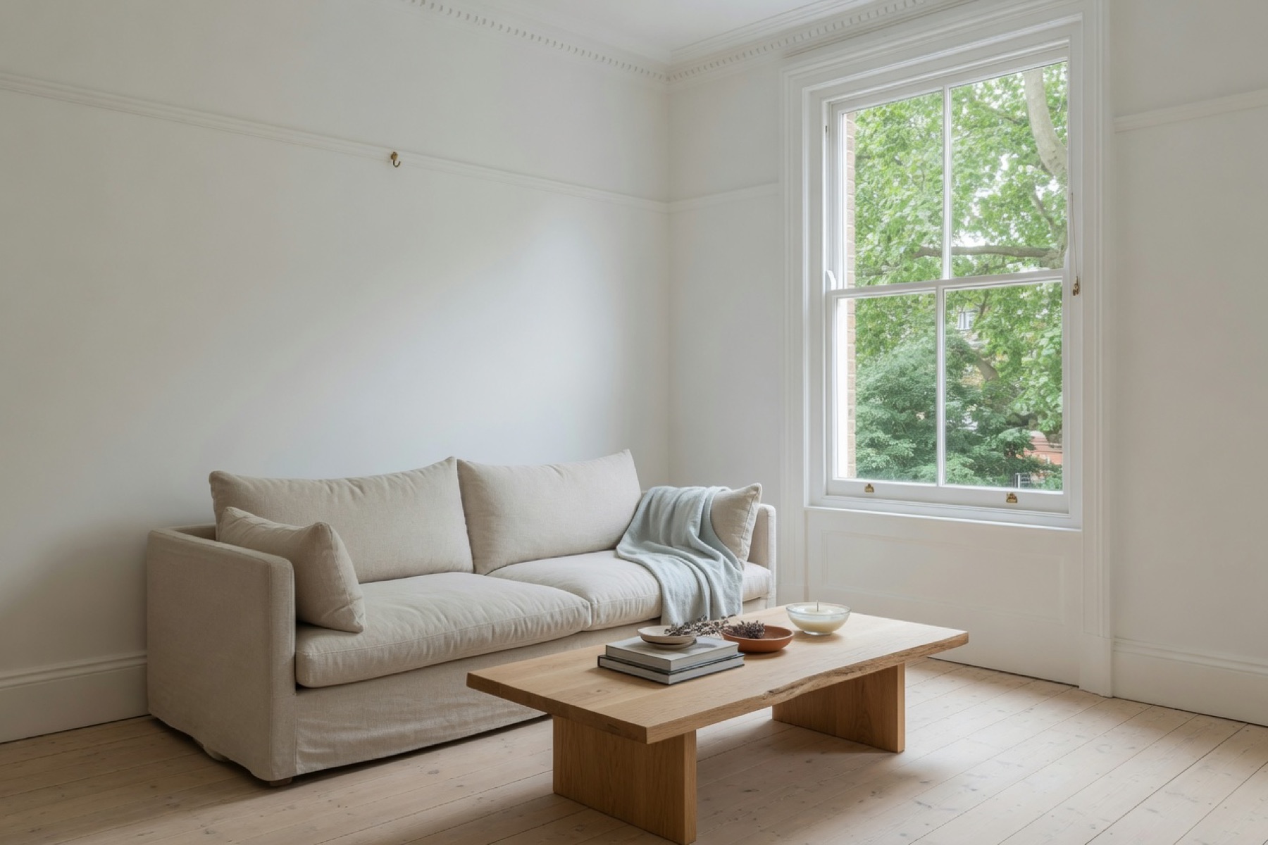 A finished living room with a linen sofa, an oak floor, and a sash window.